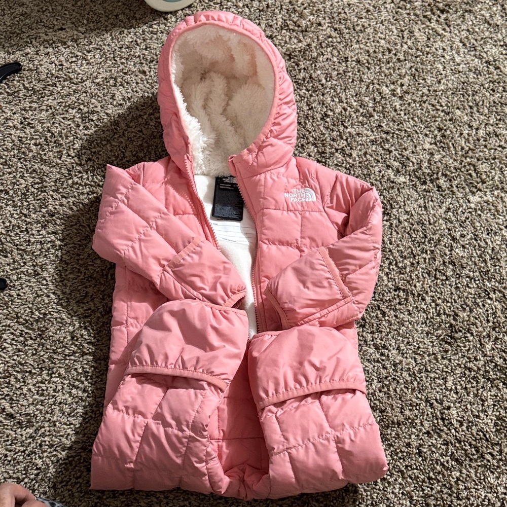 The North Face Pink Quilted Kids Hooded One-Piece Footie - Picture 4 of 7